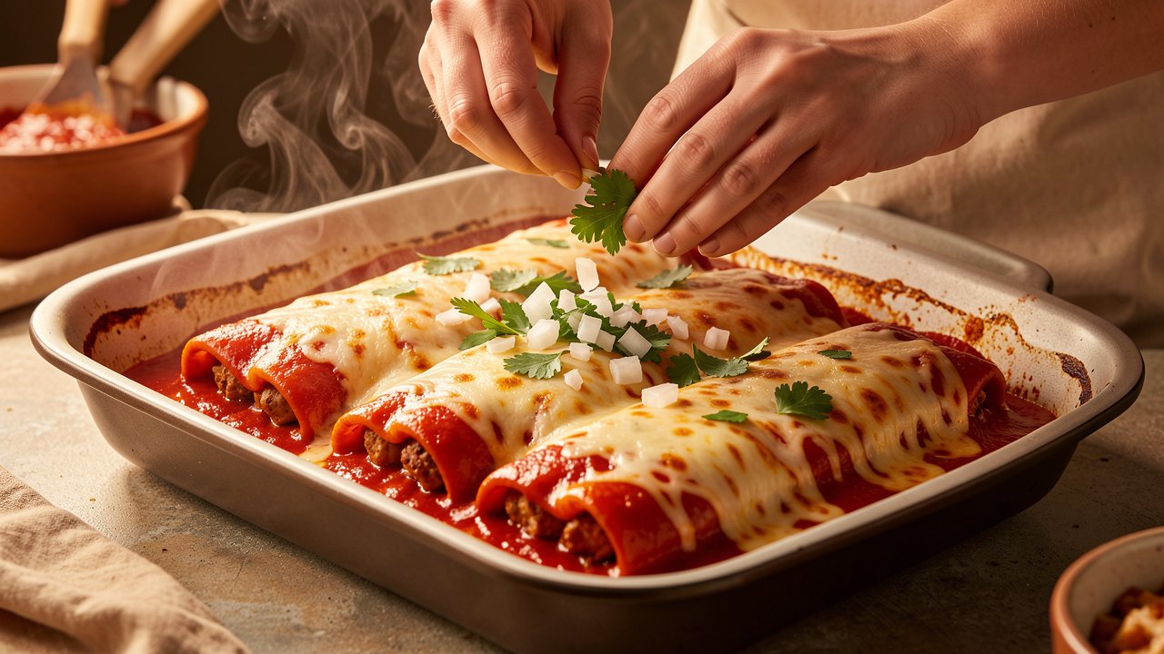 Baked chicken enchiladas with red sauce being garnished with cilantro and onion