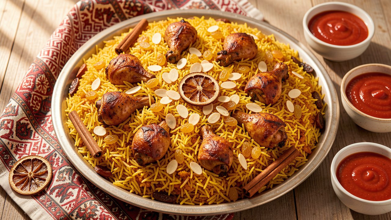 A large platter of golden Saudi chicken kabsa topped with fried nuts, raisins, and dried lime