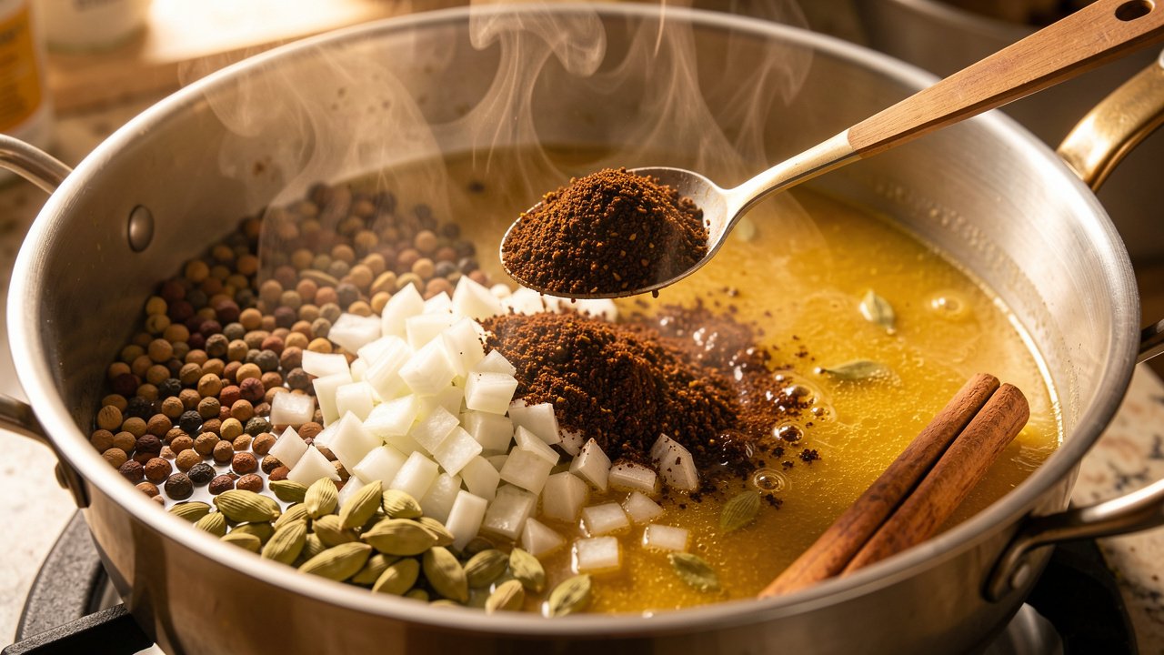 Onion and kabsa spices blooming in ghee with cardamom and cinnamon