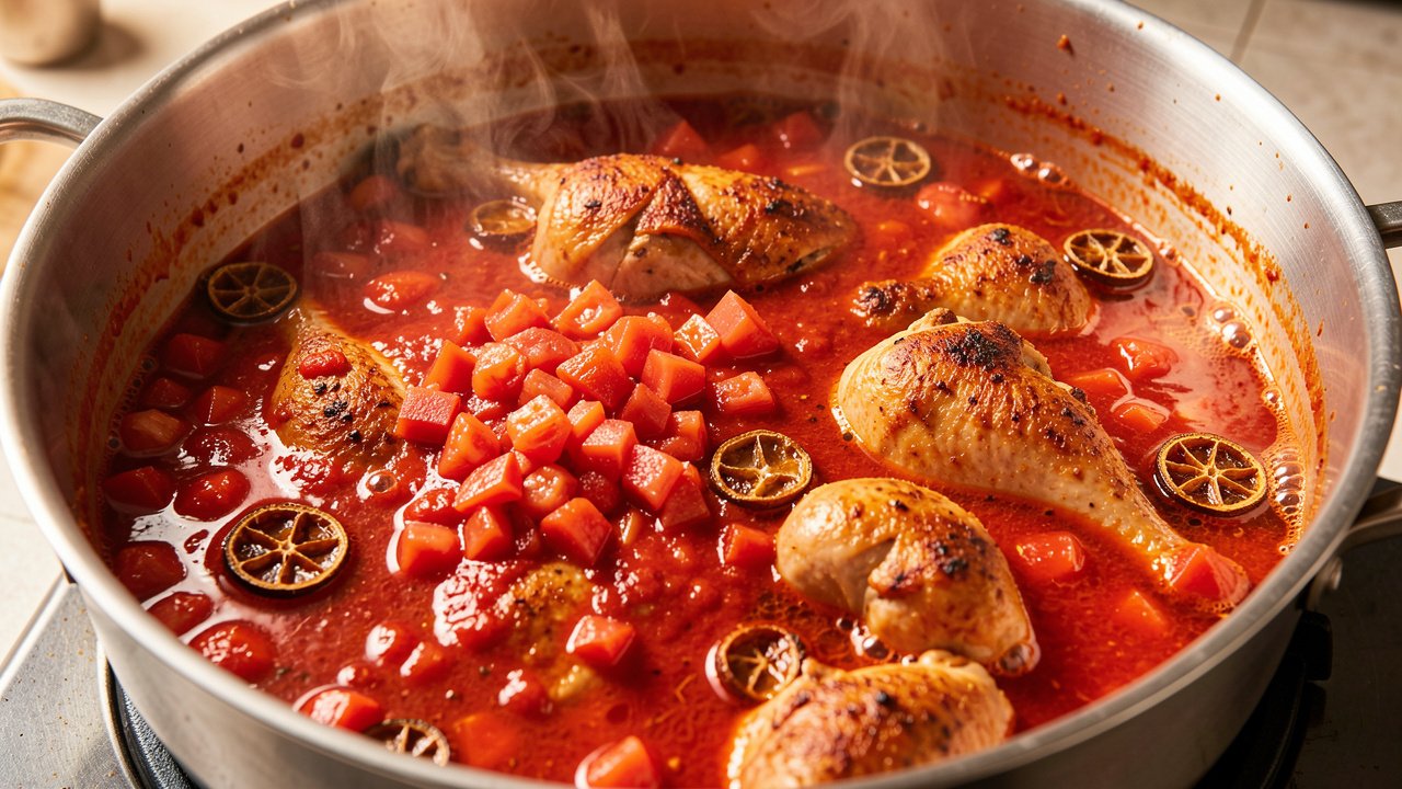 A rich tomato kabsa broth simmering with chicken and dried limes
