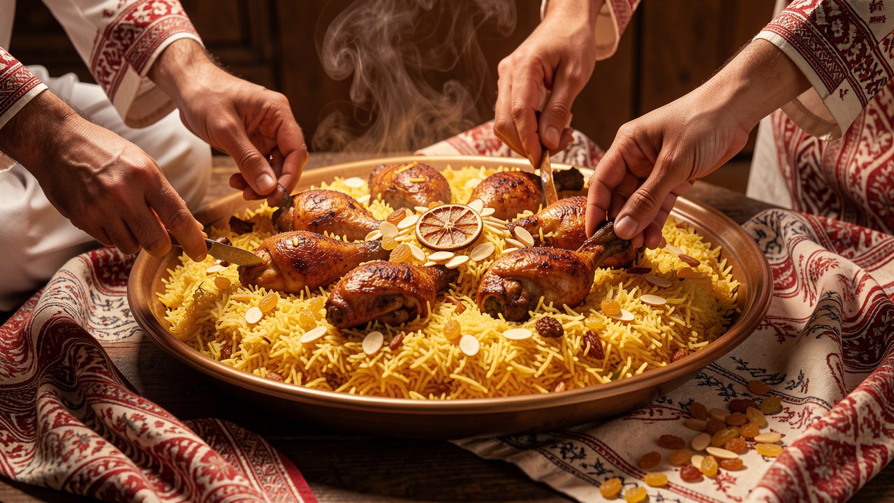 Assembling a platter of kabsa with chicken, fried nuts, and raisins