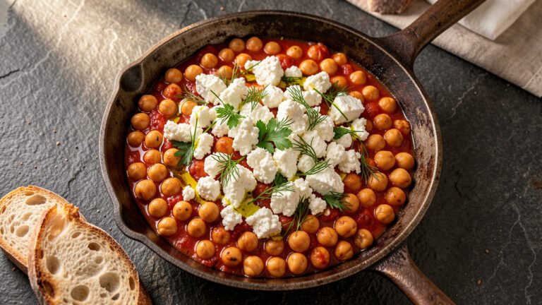 A skillet of Greek chickpeas in tomato sauce topped with crumbled feta and fresh herbs, with crusty bread on the side