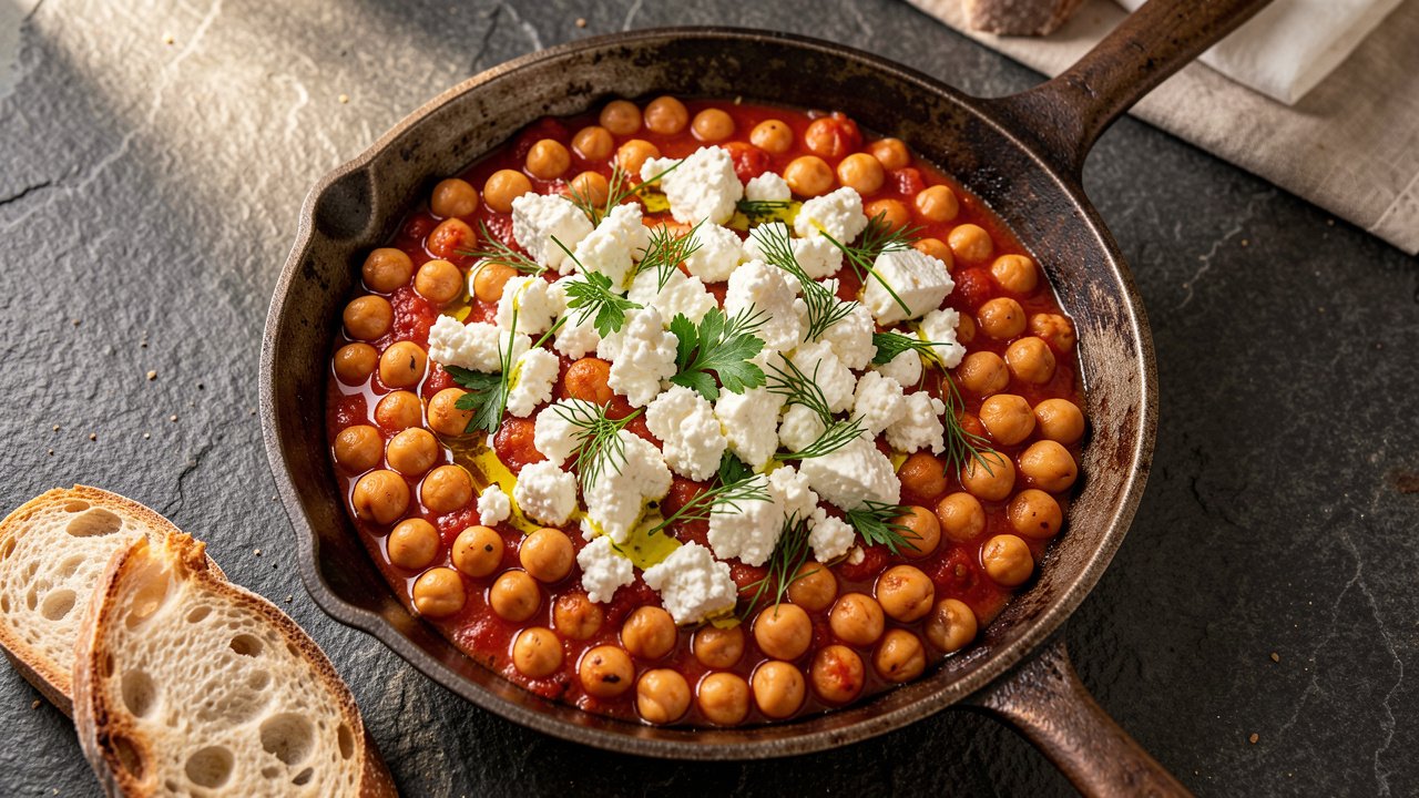 A skillet of Greek chickpeas in tomato sauce topped with crumbled feta and fresh herbs, with crusty bread on the side