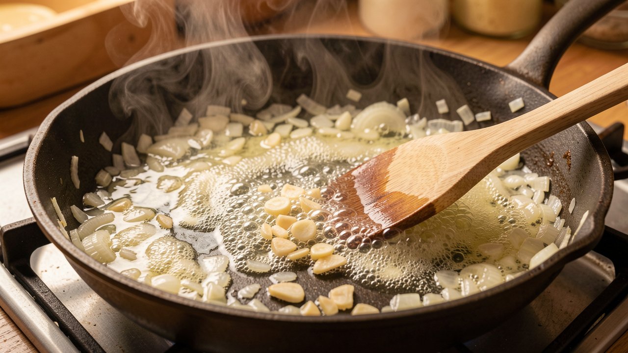 Broth reducing with onions and garlic in a skillet