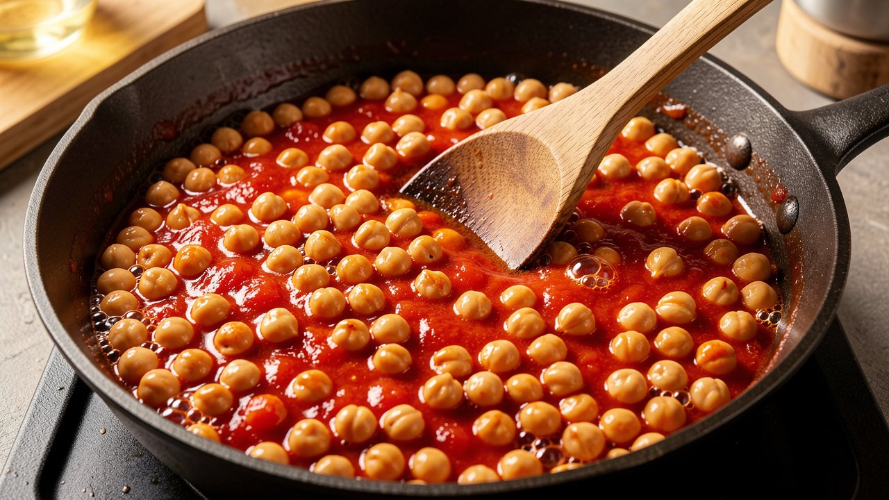 Chickpeas simmering in thick tomato sauce in a skillet