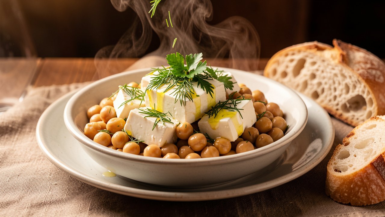 Finished chickpeas with feta garnished with fresh dill and parsley, served with bread