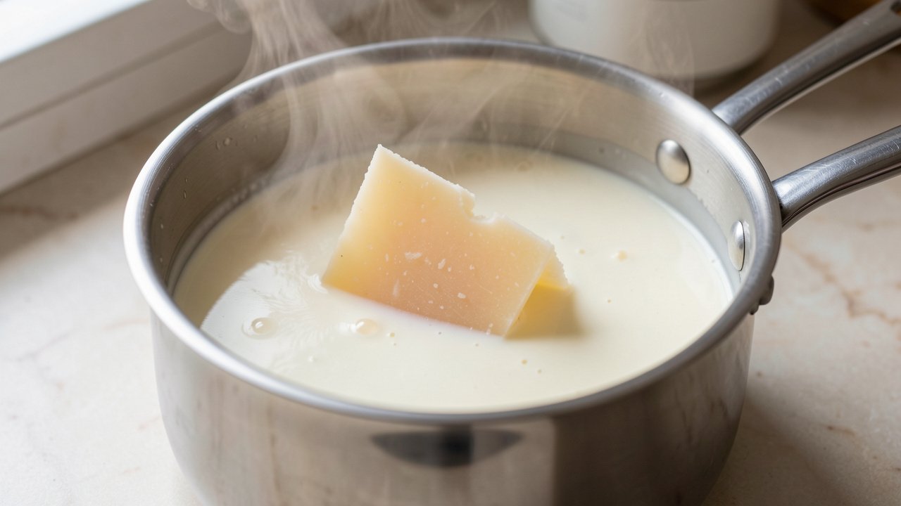 A parmesan rind steeping in warm milk and cream in a saucepan