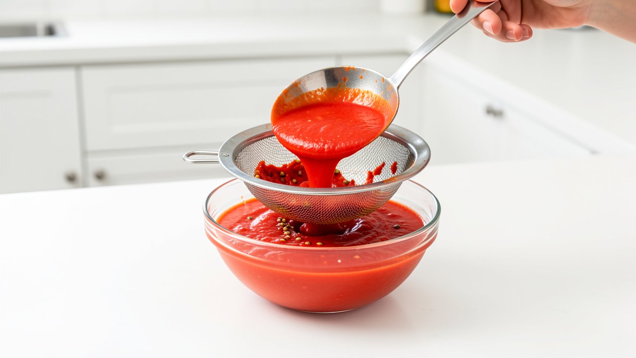 Raw tomato soup being pushed through a fine mesh sieve into a glass bowl
