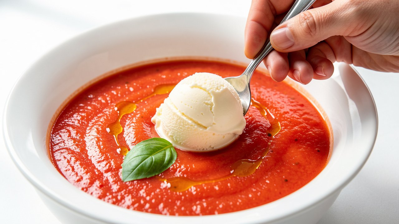 A quenelle of parmesan ice cream being placed into a bowl of chilled tomato soup