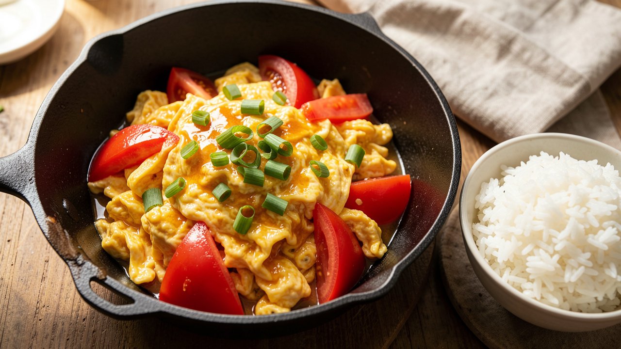 Chinese tomato and egg stir-fry with soft scrambled eggs and tomato wedges, topped with scallions, served with rice