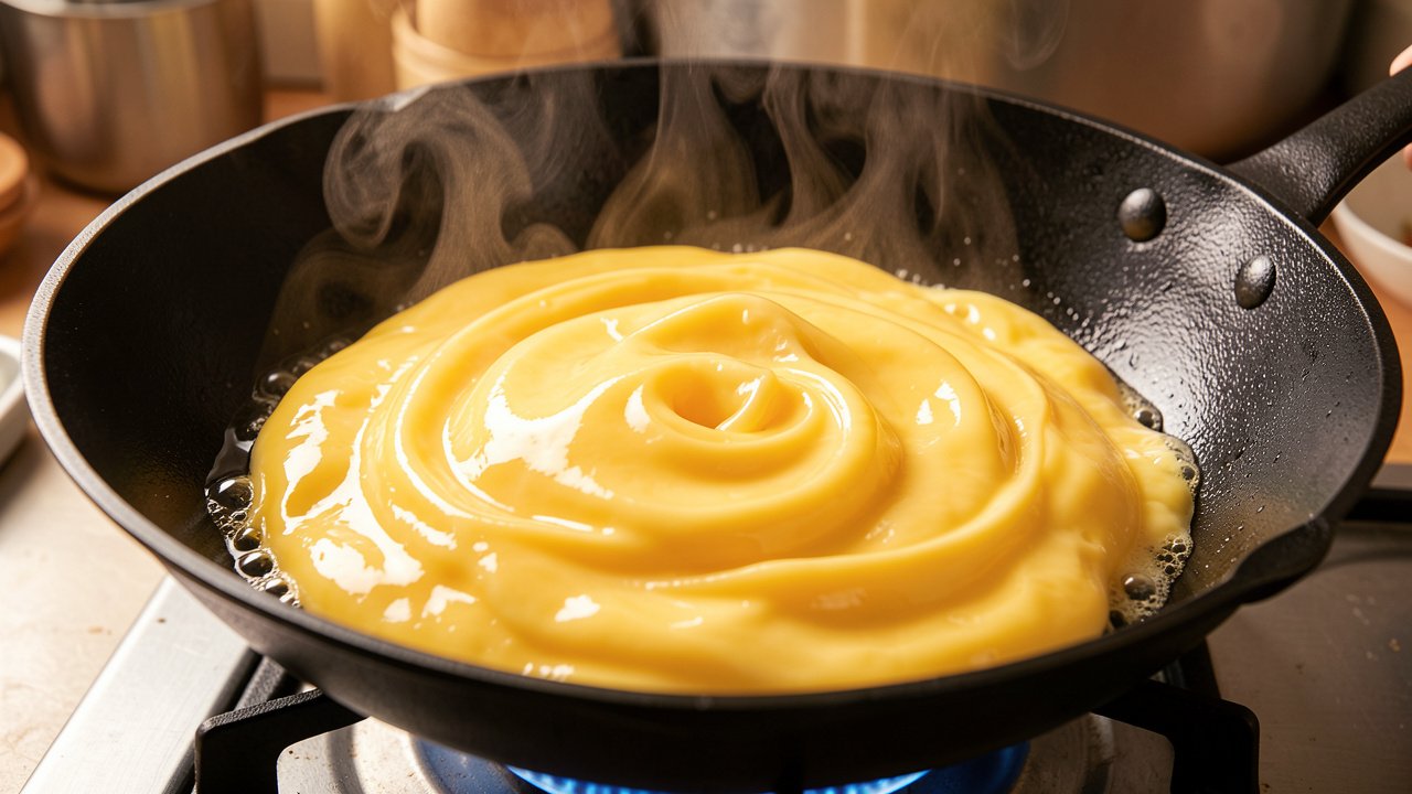 Soft glossy scrambled egg folds cooking in a wok