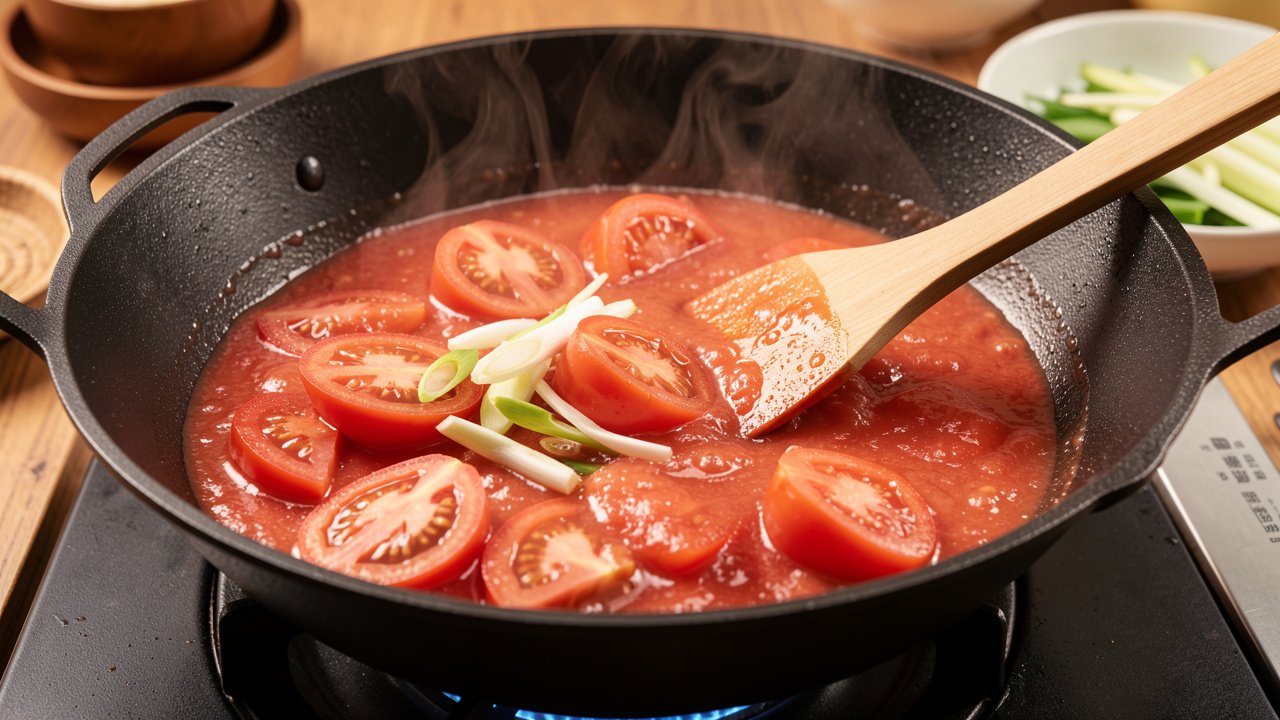 Tomato wedges cooking down into a light glossy sauce in a wok