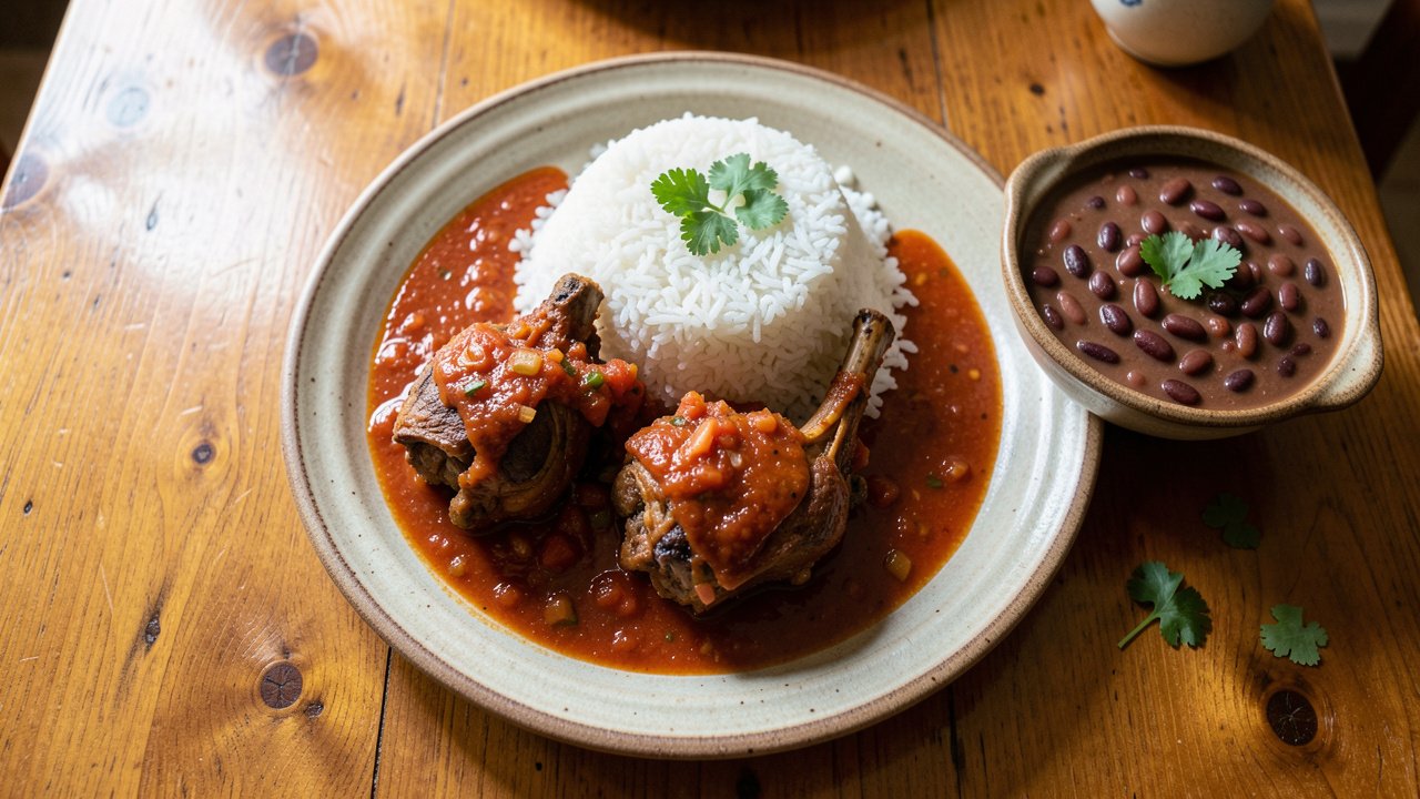 Tender Dominican chivo guisado in a rich tomato sauce, served with white rice and red beans