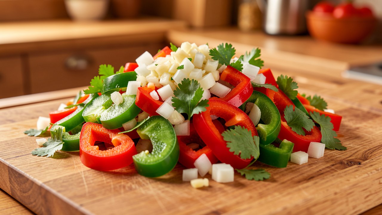 Fresh Dominican sofrito of chopped onion, peppers, garlic, and cilantro on a board