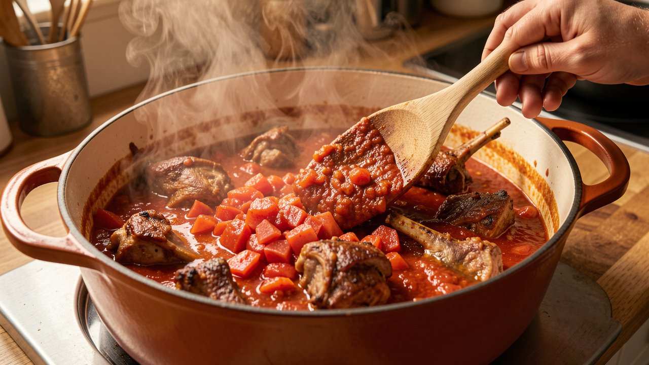 Sofrito and tomato cooking into a thick sauce with browned goat pieces in a pot