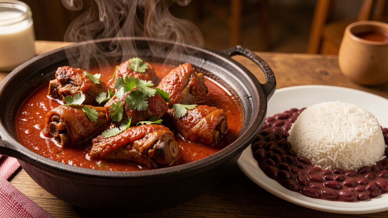 Finished chivo guisado garnished with cilantro, served with white rice and beans