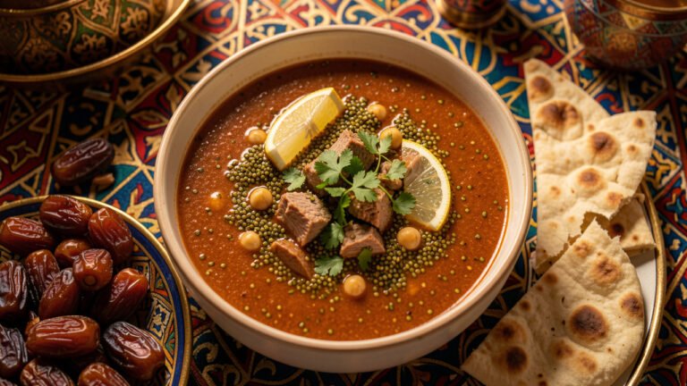 A bowl of Algerian chorba frik with freekeh, lamb and chickpeas, topped with coriander and a lemon wedge