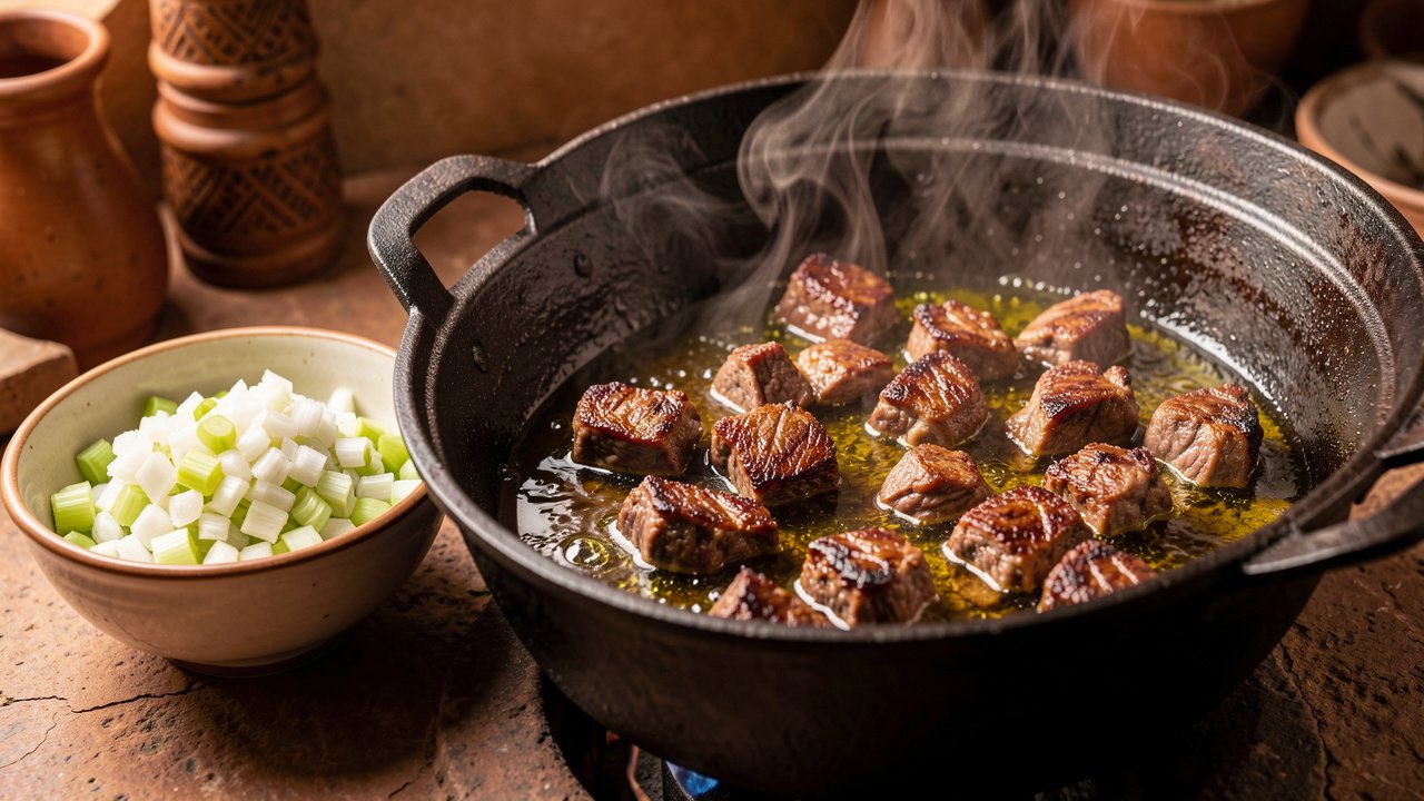 Small pieces of halal lamb browning in a heavy pot