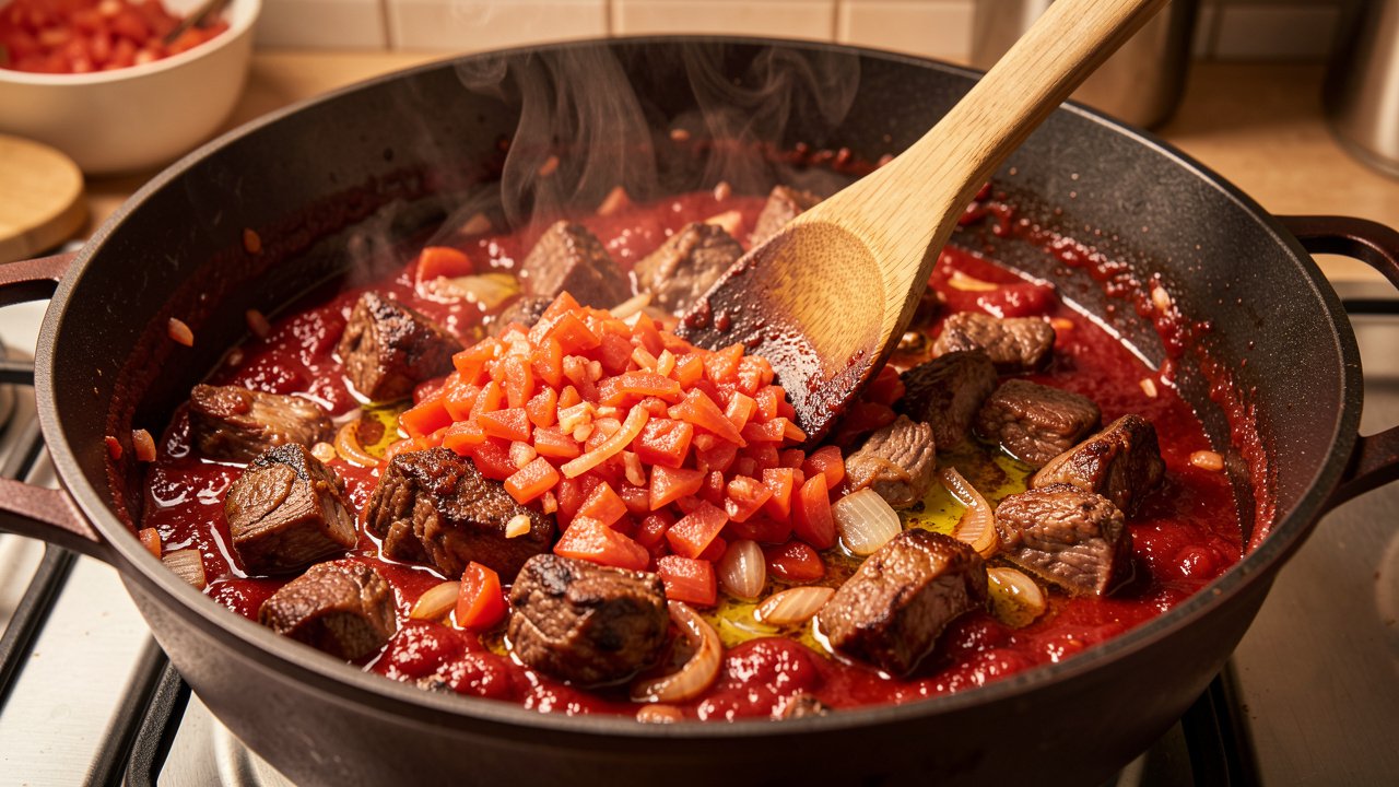 Grated tomatoes and tomato paste cooking down with lamb into a thick red base