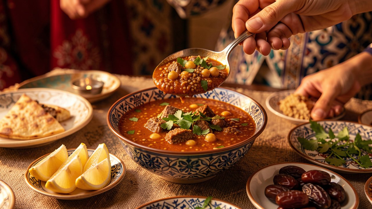 Chorba frik being ladled into a bowl and topped with fresh coriander, lemon wedges alongside