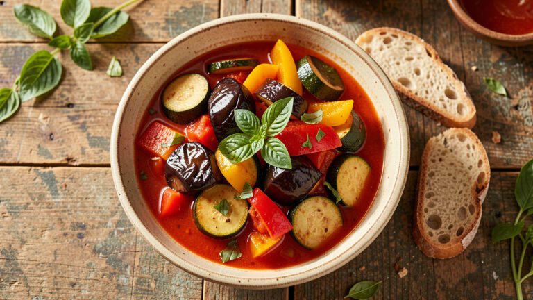 A rustic bowl of classic French ratatouille topped with fresh basil, served with crusty bread