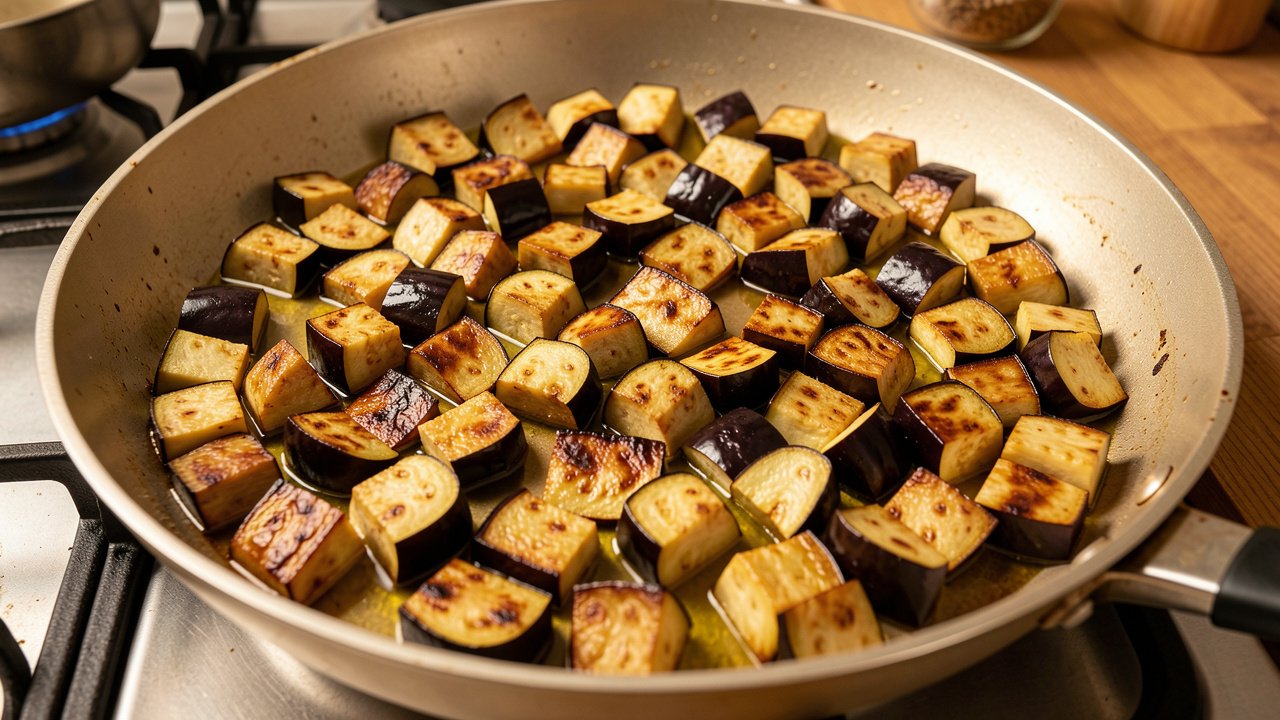 Diced eggplant browning golden in olive oil in a pan