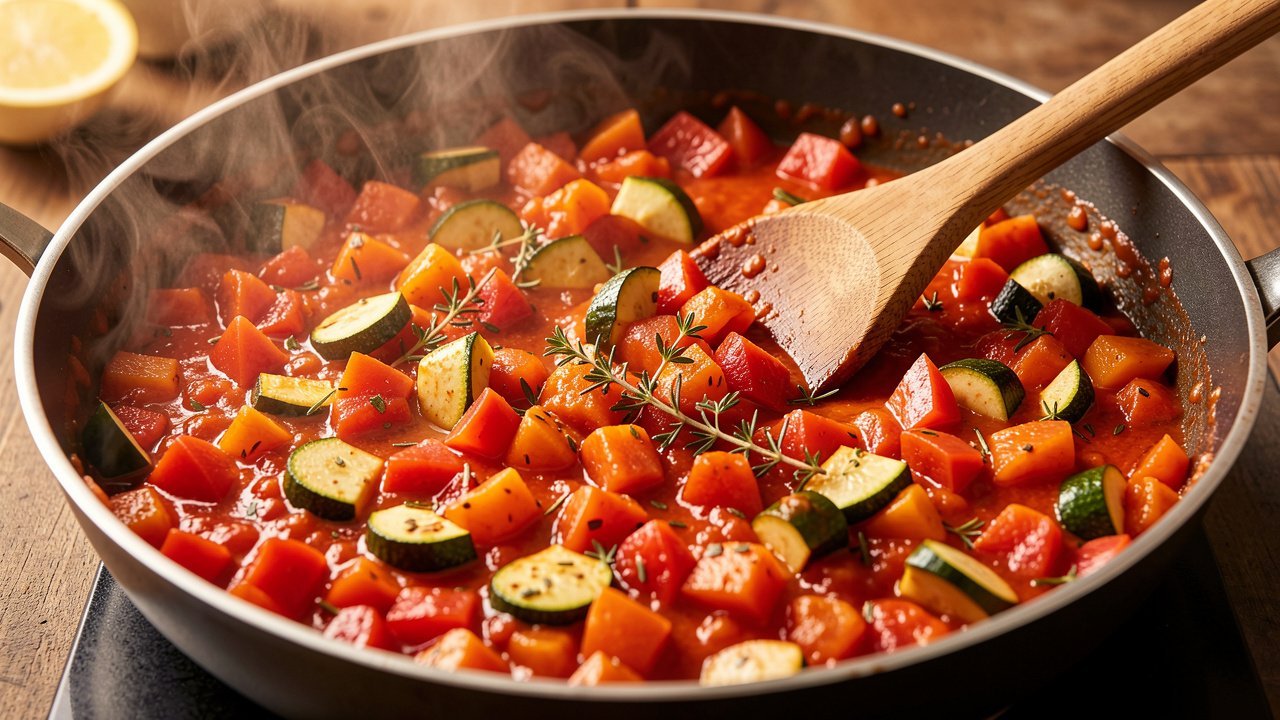 Tomatoes cooking down with vegetables into a thick sauce in a pan