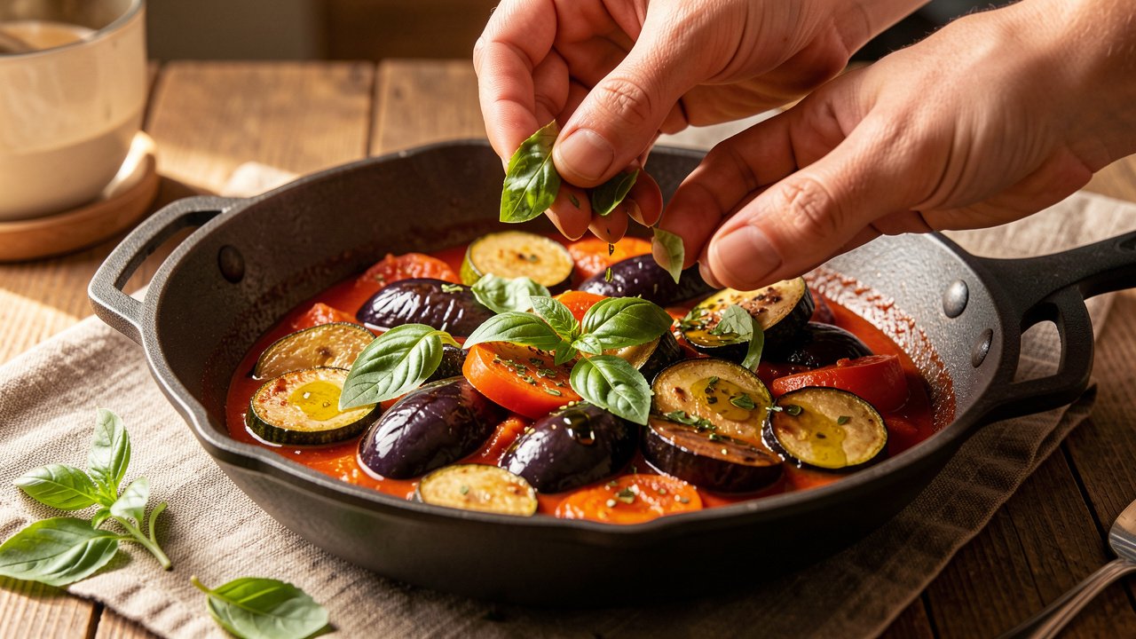 Finished ratatouille garnished with fresh basil and a drizzle of olive oil