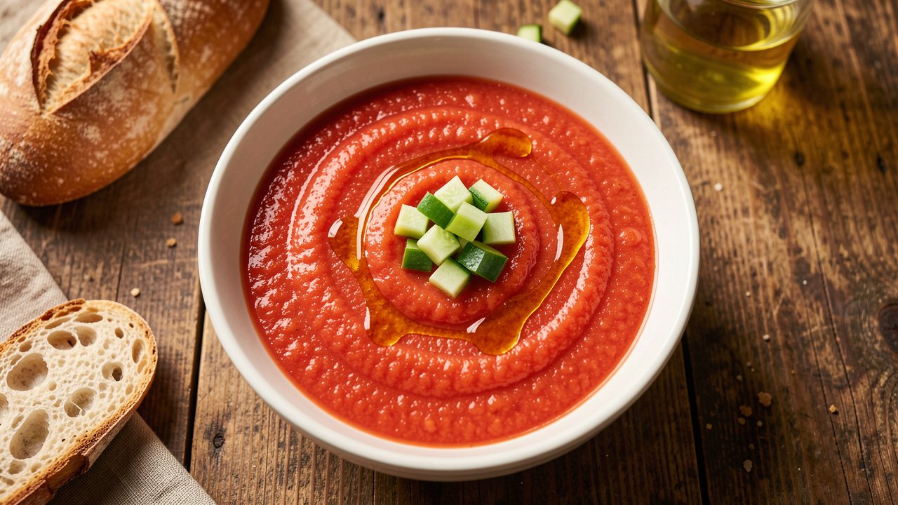 A bowl of chilled classic Spanish gazpacho topped with olive oil and diced vegetables
