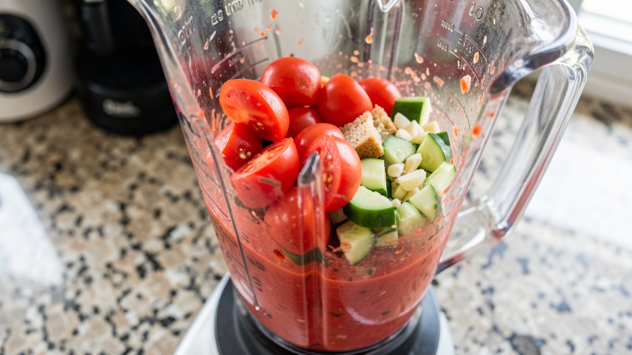 Tomatoes, cucumber, pepper, and bread blending into bright red gazpacho