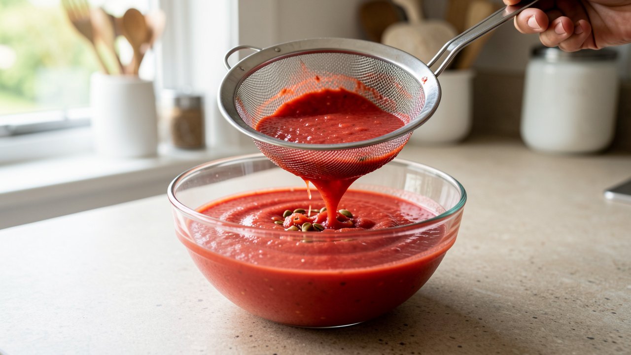 Gazpacho being strained through a fine mesh sieve for a silky texture