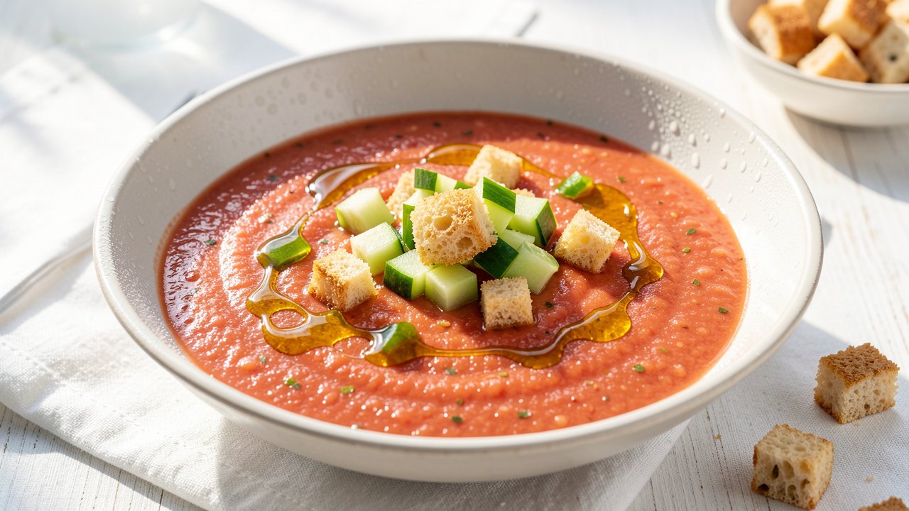 Chilled gazpacho garnished with diced vegetables, croutons, and a drizzle of olive oil