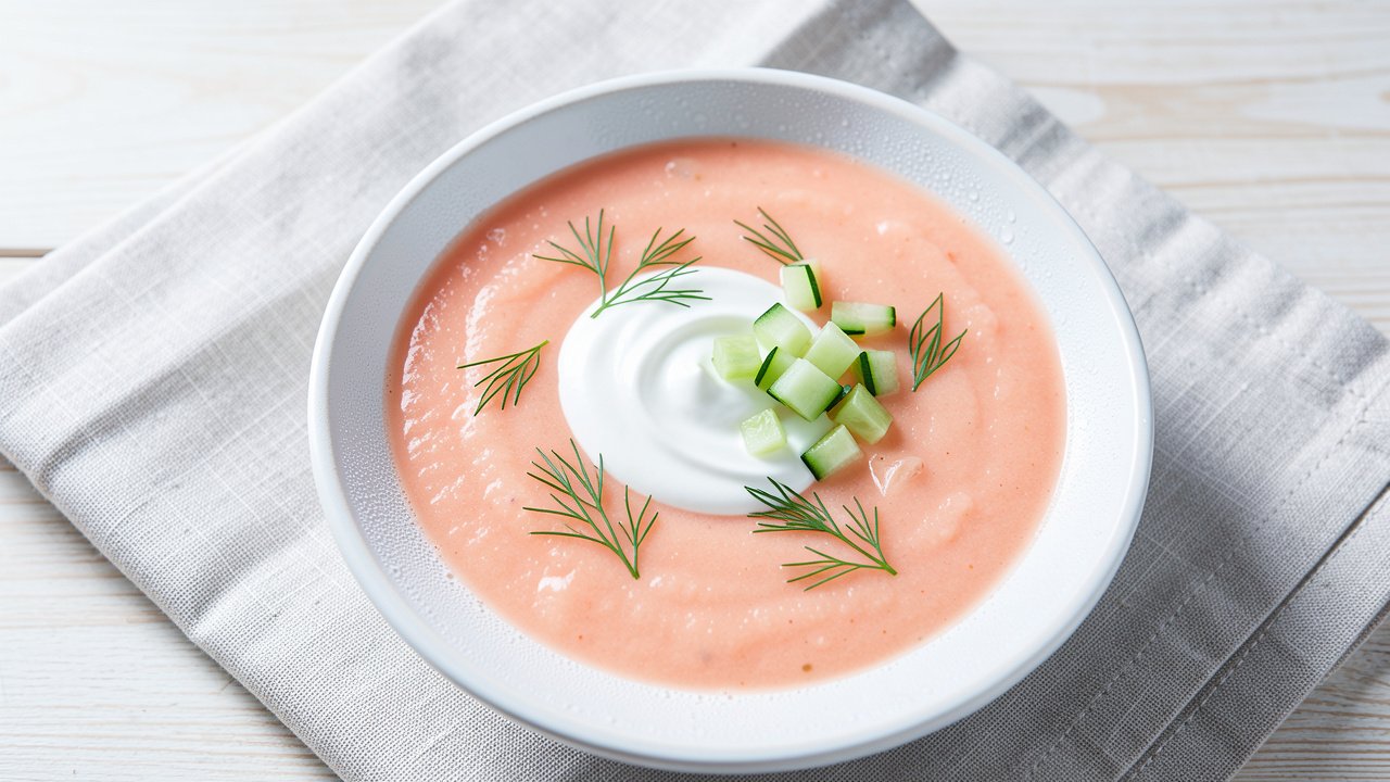 A bowl of cold tomato and sour cream soup topped with fresh dill, diced cucumber, and a swirl of sour cream