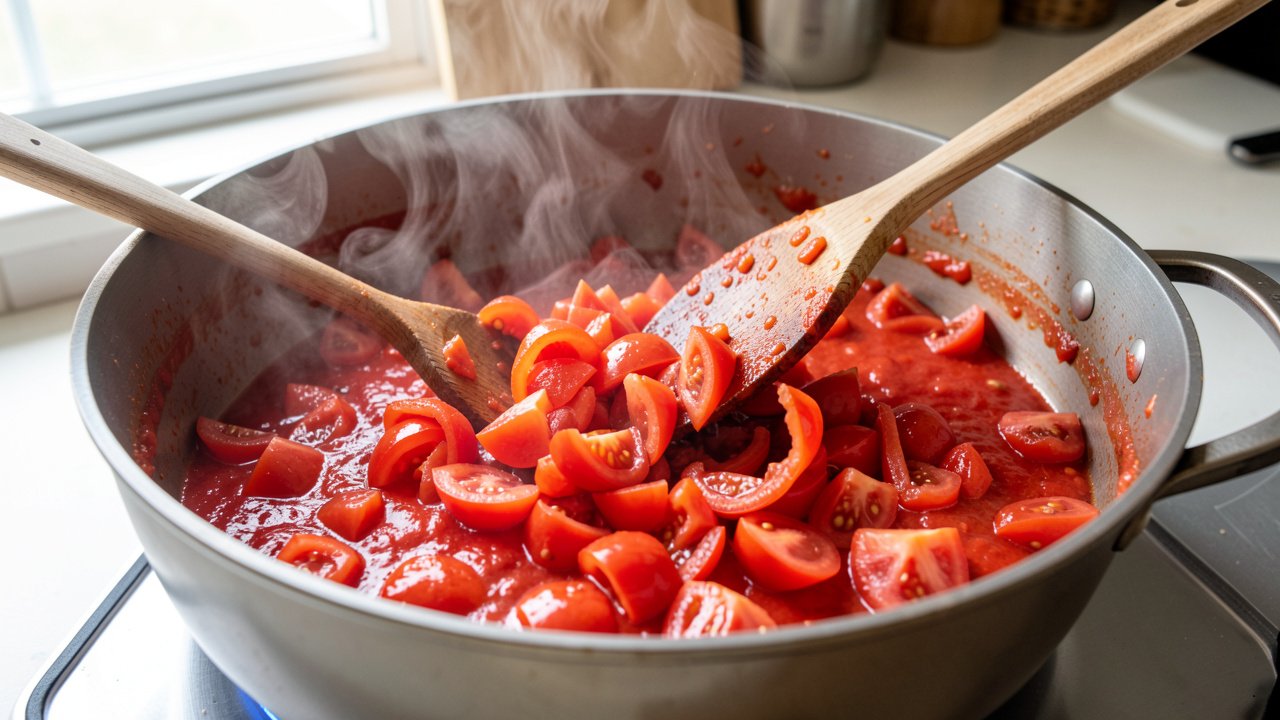 Chopped tomatoes simmering down into a thick red base in a saucepan