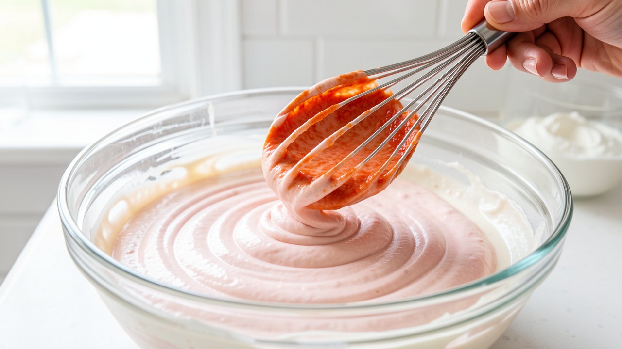Warm tomato base being whisked a ladleful at a time into a bowl of sour cream