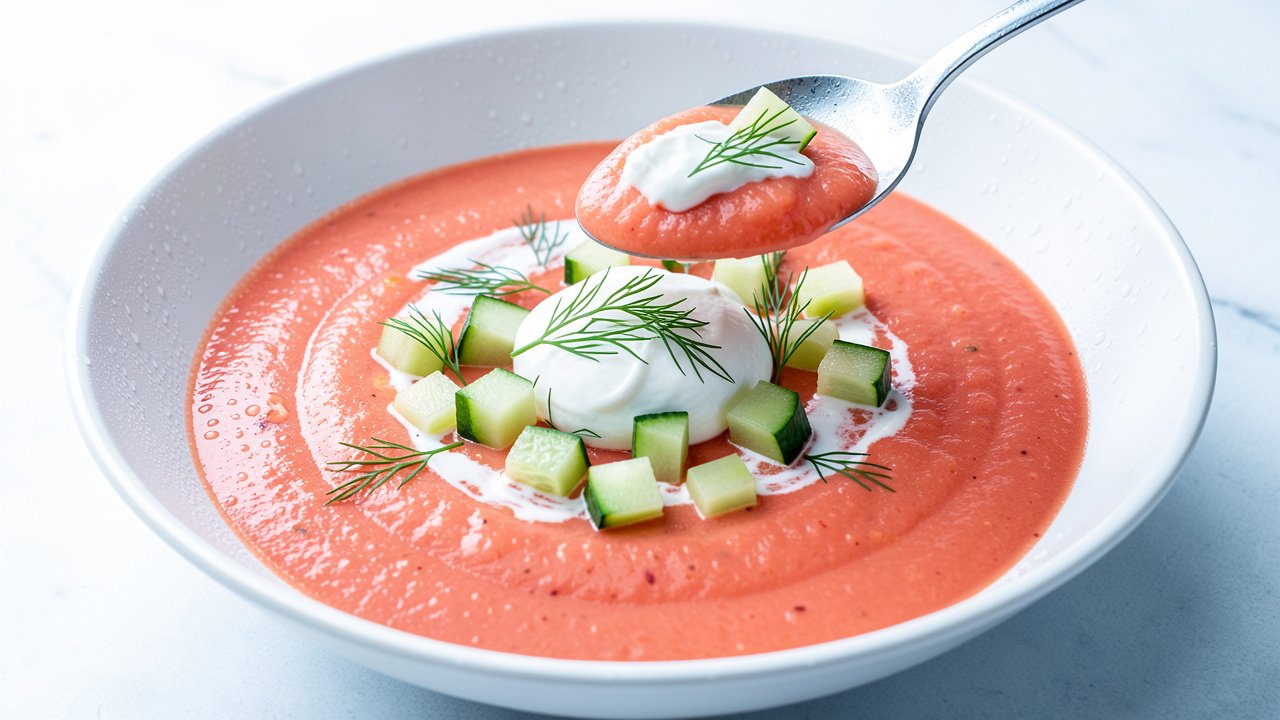 Finished cold tomato and sour cream soup topped with sour cream, dill, and cucumber