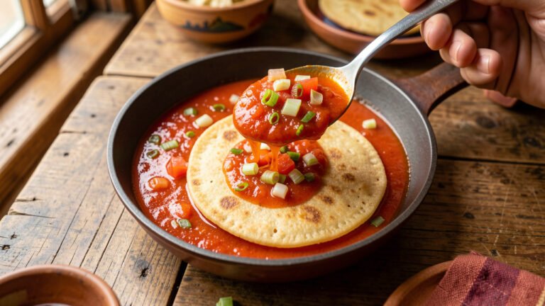 A small pan of glossy red-orange Colombian hogao being spooned over a warm arepa