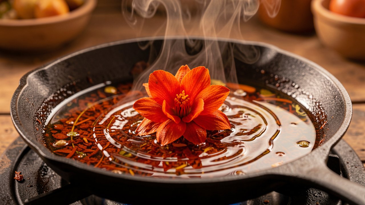 Achiote coloring warm oil a glossy red-orange in a skillet