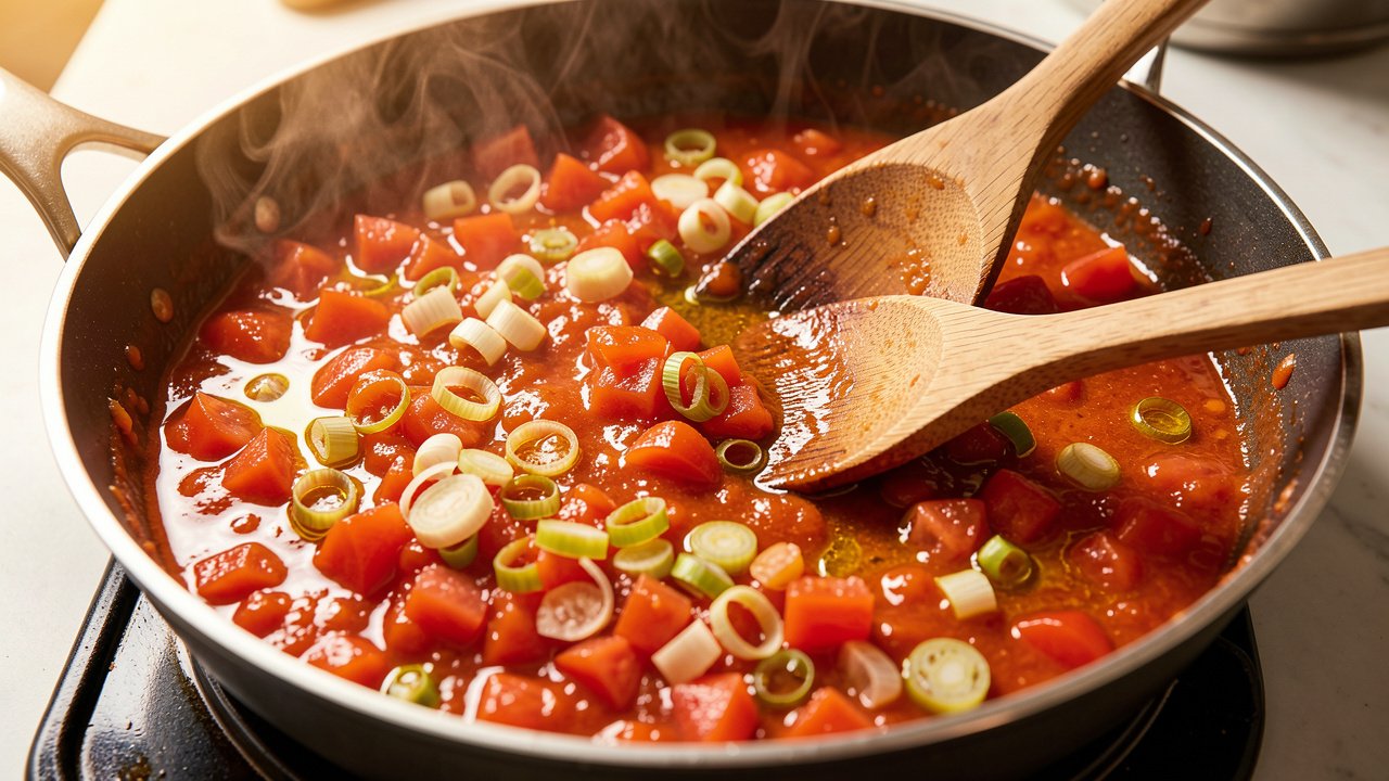 Tomatoes and scallions cooking down into a thick jammy hogao in a skillet