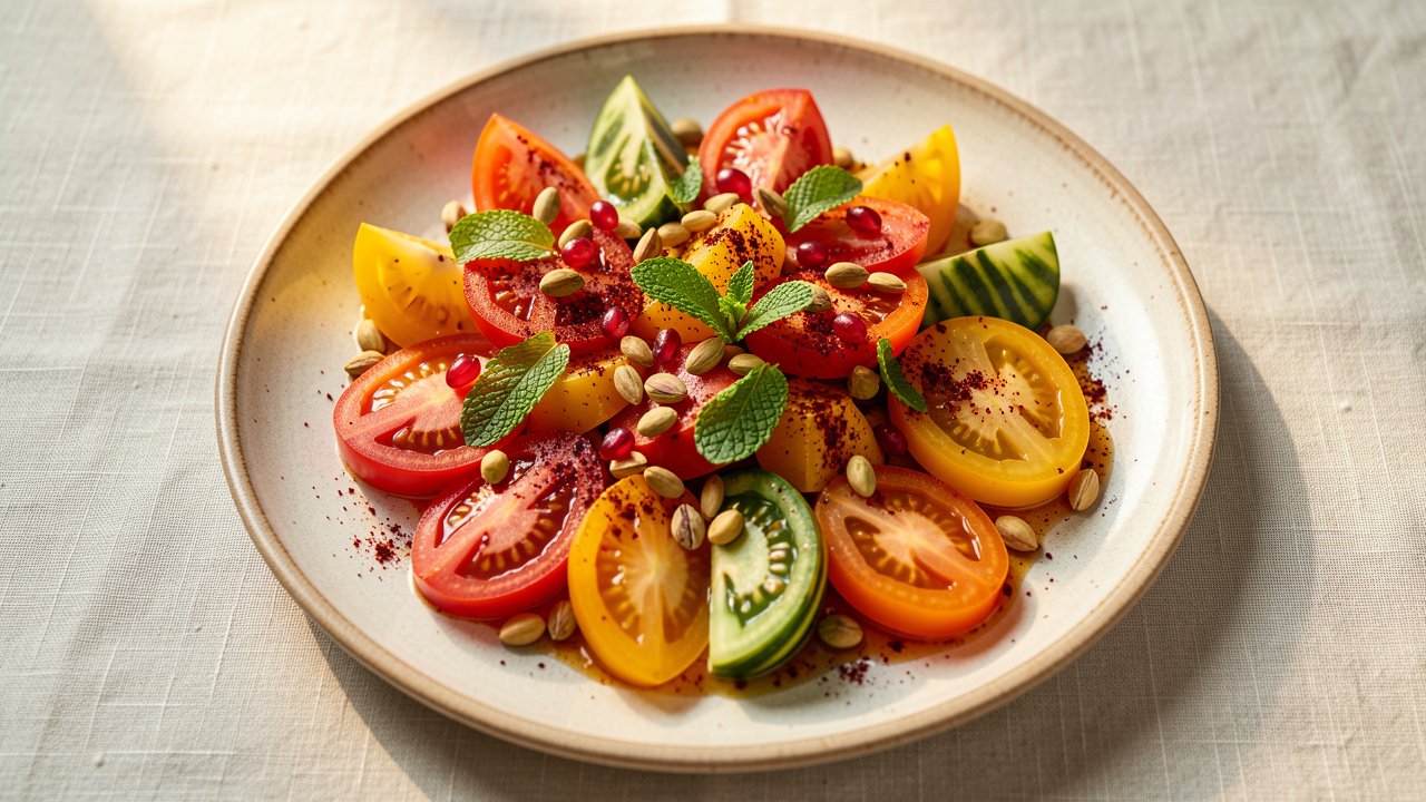 A platter of colorful tomato salad with rose water dressing, topped with pistachios, pomegranate, and mint