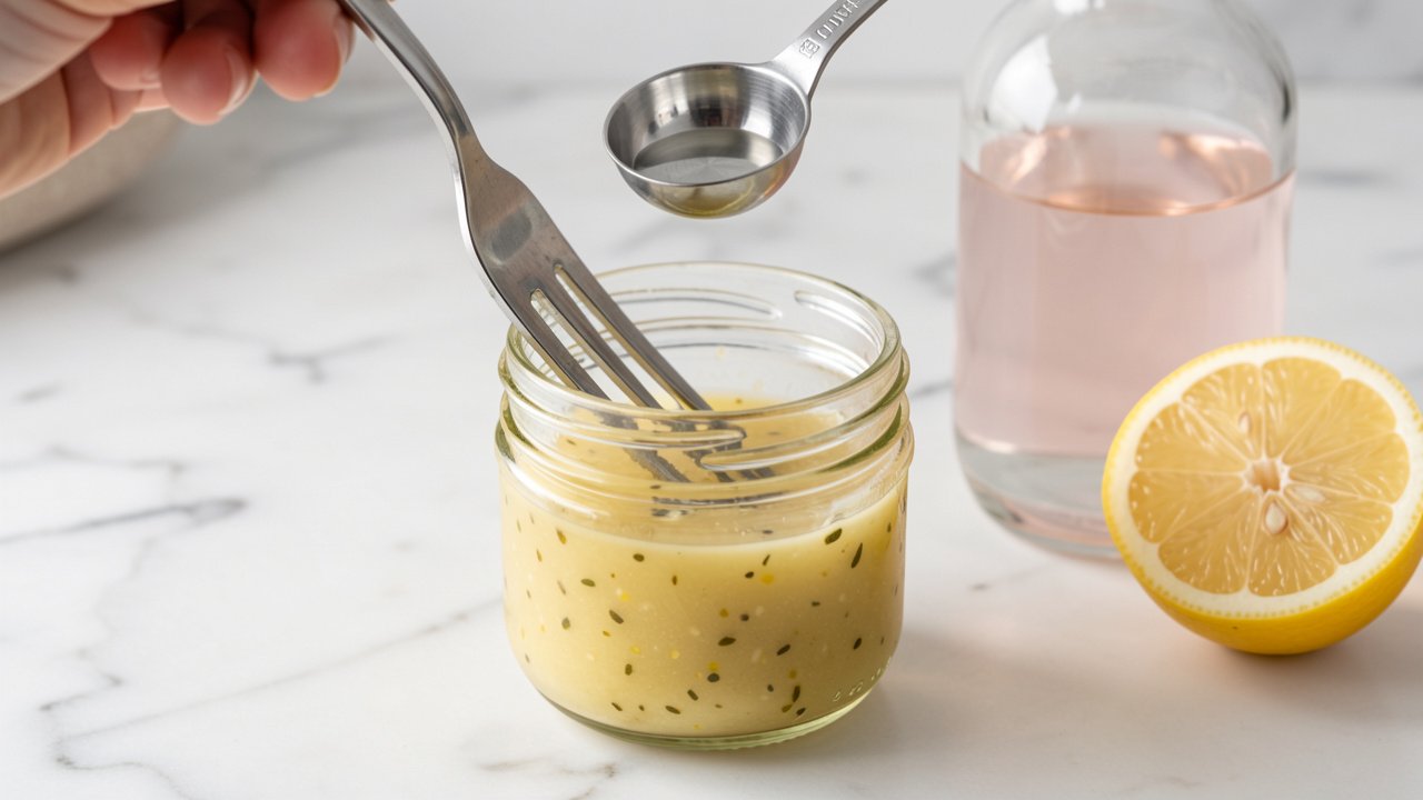Rose water being measured into a jar of lemon and olive oil dressing