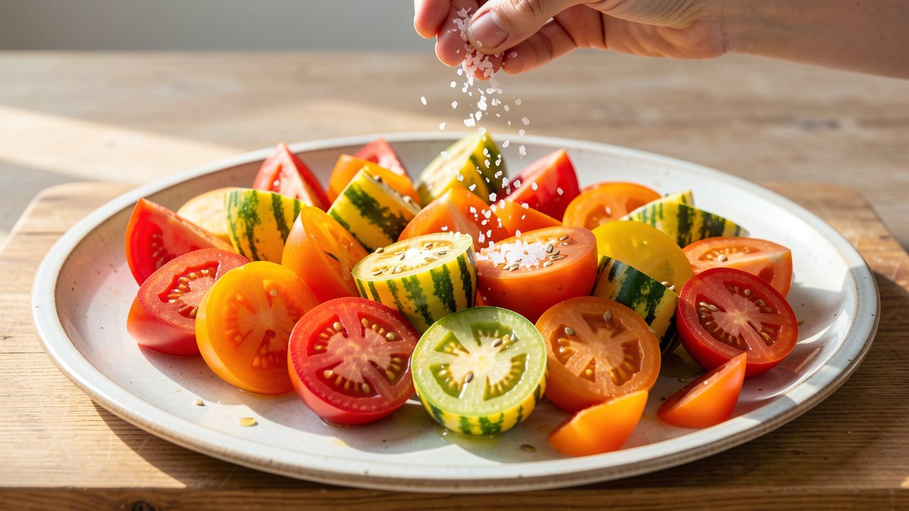 Mixed-color tomato wedges on a platter being sprinkled with salt