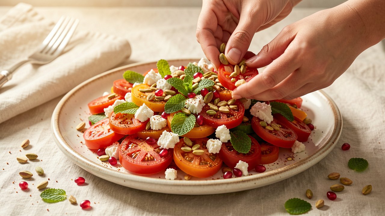 Finished tomato salad being garnished with pistachios, pomegranate seeds, mint, and feta