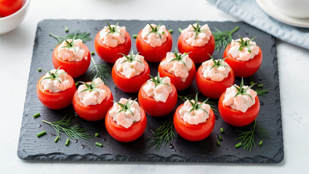 Platter of cherry tomatoes stuffed with creamy shrimp salad and topped with fresh chives