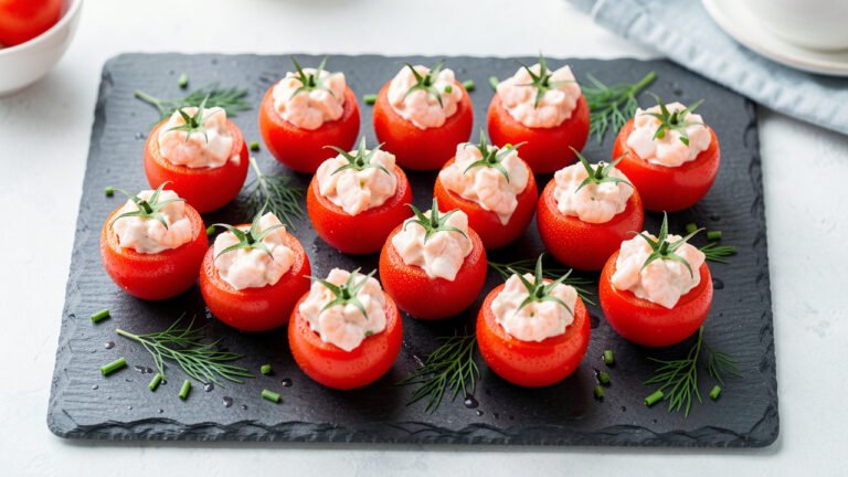 Platter of cherry tomatoes stuffed with creamy shrimp salad and topped with fresh chives