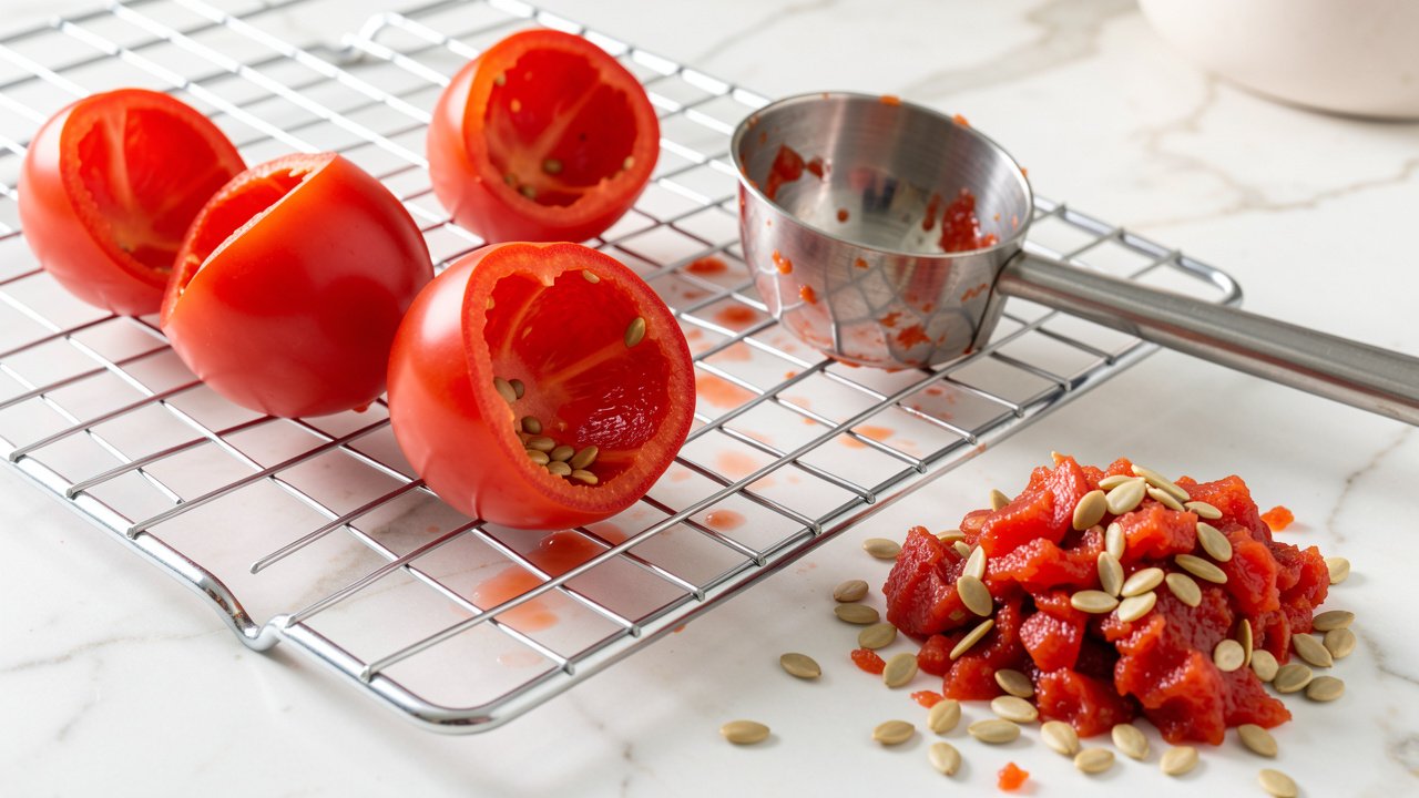 Hollowed cherry tomato shells draining upside down on a wire rack