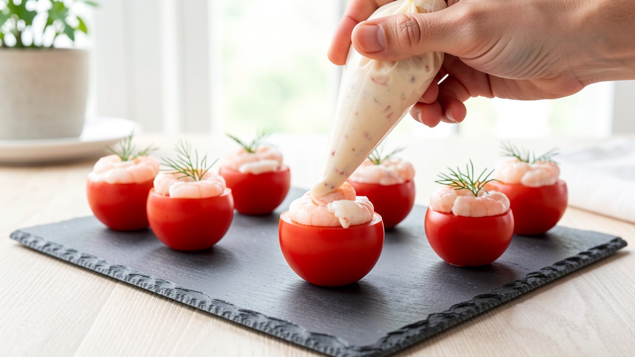 Piping creamy shrimp filling into a hollowed cherry tomato on a serving platter