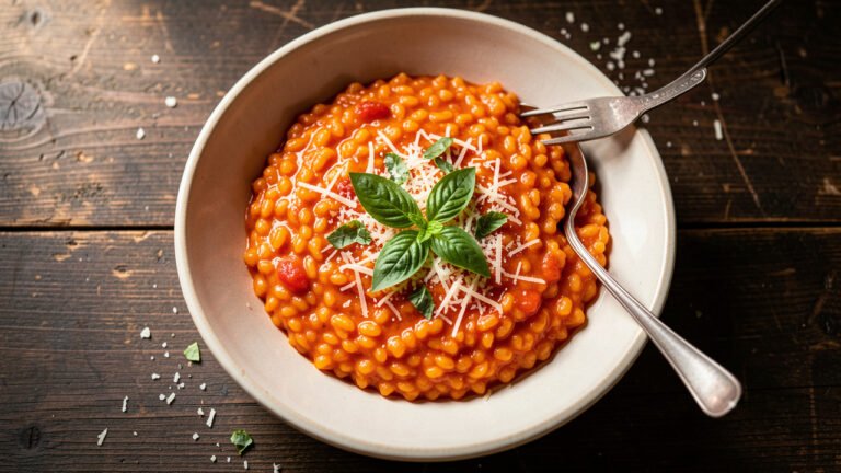 A bowl of creamy tomato risotto topped with grated Parmesan and fresh basil