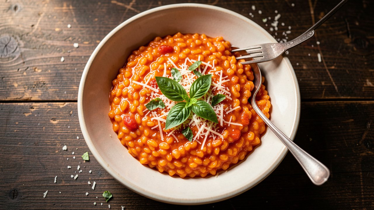 A bowl of creamy tomato risotto topped with grated Parmesan and fresh basil