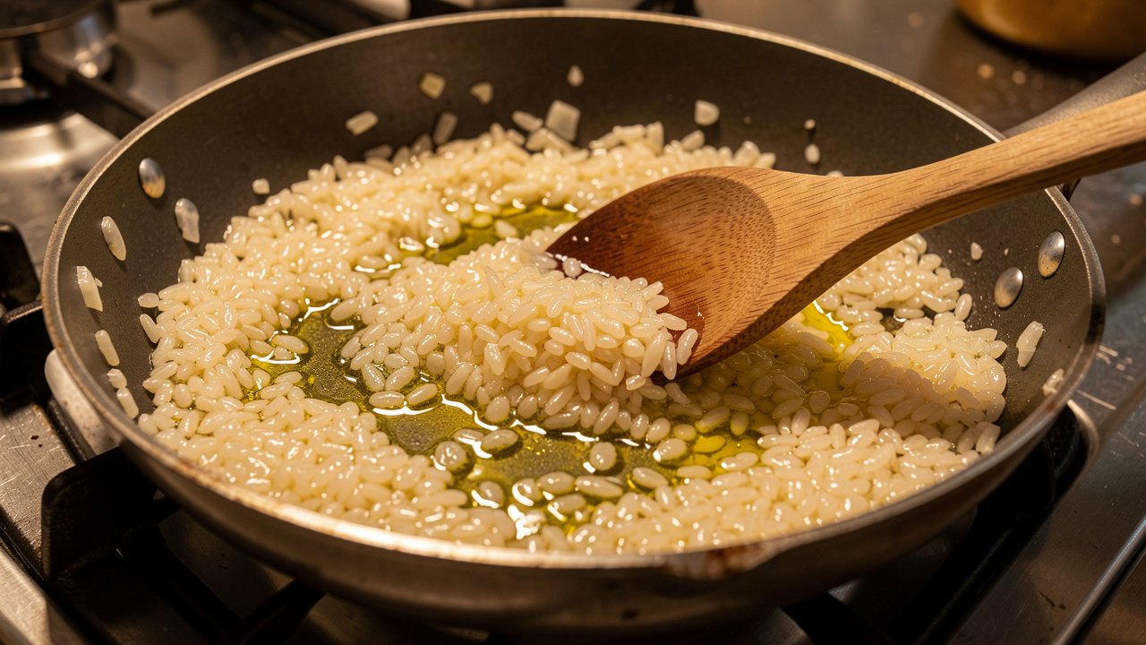 Arborio rice toasting with onion in a wide pan until the grains look glossy